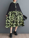 Momentlover Split-Joint Pleated Buttoned Loose Long Sleeves Lapel Midi Dresses