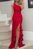 Momentlover Elegant Solid Flounce Slit One Shoulder Evening Dress Dresses(5 Colors)