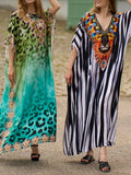 Momentlover Split-side Printed Leopard Short Sleeves Loose V-neck Maxi Dresses Beach Cover-Up