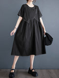 Momentlover Split-Joint Solid Color Pockets Pleated Asymmetric Loose A-line Round-neck Midi Dresses