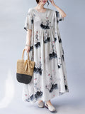 Momentlover Split-Joint Printed Pleated Short Sleeves Loose Round-neck Midi Dresses