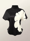 Momentlover Short Sleeves Skinny Flower Print High Neck T-Shirts Tops