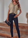 Momentlover Striped Short Sleeves Loose V-Neck Blouses&Shirts Tops
