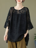 Momentlover Split-Joint See-Through Pleated Falbala Short Sleeves Loose Round-Neck T-Shirts