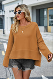 Momentlover Round Neck Dropped Shoulder Slit Sweater