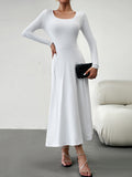 Momentlover Tied Waist Solid Color Skinny Long Sleeves U-Neck Midi Dresses