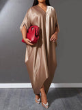 Momentlover Solid Color Short Sleeves Plus Size Deep V-Neck Maxi Dresses