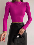 Momentlover Solid Color Skinny Long Sleeves Mock Neck T-Shirts Tops