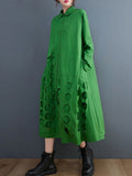 Momentlover Solid Color Polka-Dot Hollow Asymmetric Loose Long Sleeves Lapel Midi Dresses