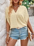 Momentlover Solid Color Jacquard Loose Half Sleeves V-Neck T-Shirts Tops