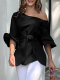 Momentlover Solid Color Knot Asymmetric Flared Sleeves One-shoulder Blouses&shirts Tops