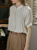 Momentlover Pleated Buttoned Short Sleeves Puff Sleeves Round-neck Blouses&shirts Tops