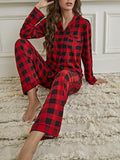 Plaid Split-Joint Lapel Long Sleeves Top + Drawstring Pants Trousers Two Pieces Set