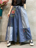 Momentlover Casual Wide Leg Loose Color-Block Bandage Embroidered Jean Pants Bottoms