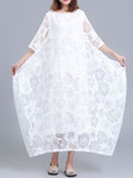 Momentlover Solid Color See-Through Flower Print Loose Half Sleeves Round-Neck Midi Dresses