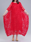 Momentlover Solid Color See-Through Flower Print Loose Half Sleeves Round-Neck Midi Dresses
