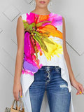 Momentlover High-Low Loose Flower Print Round-Neck Blouses&Shirts Tops Vest Top