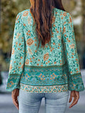 Momentlover Tied Flower Print Elasticity Puff Sleeves Loose V-Neck Blouses&Shirts Tops
