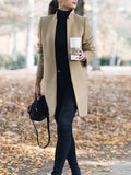 Momentlover Long Sleeves Solid Color Split-Joint Stand Collar Outerwear Woolen Coat