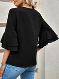 Momentlover Solid Color Ruffle Sleeves Loose V-Neck T-Shirts Tops