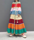Momentlover Long Sleeves Loose Buttoned Contrast Color Striped Stand Collar Maxi Dresses Outerwear