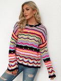 Momentlover Rainbow Stripe Openwork Flare Sleeve Knit Top