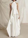 Momentlover Original Sleeveless Irregularity Solid Color High-Neck T-Shirt Top&Pleated Skirt Bottom Two Pieces Set