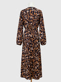 Momentlover Split-Side Leopard Elasticity Drawstring Puff Sleeves Loose V-Neck Midi Dresses