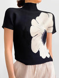 Momentlover Short Sleeves Skinny Flower Print High Neck T-Shirts Tops