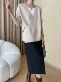 Momentlover Buttoned Asymmetric Loose Long Sleeves V-neck Sweater Tops