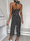 Momentlover Polka-Dot Backless Sleeveless Ninth Pants Halter-Neck Jumpsuits