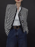 momentlover Stylish Long Sleeves Loose Houndstooth Stand Collar Jackets