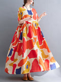 Momentlover Artistic Retro Short Sleeves Loose Contrast Color Printed Round-Neck Midi Dresses