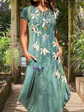 Momentlover Flower Print Animal Printed Short Sleeves Plus Size Round-Neck Midi Dresses