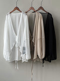 Momentlover Bishop Sleeve Long Sleeves See-Through Split-Joint Tied Collarless Blouses&Shirts Tops