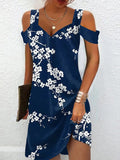Momentlover Hollow Flower Print Short Sleeves Plus Size V-Neck Mini Dresses