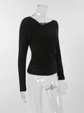 Momentlover Solid Color Asymmetric Skinny Long Sleeves Asymmetric Collar T-Shirts Tops