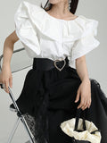Momentlover Split-Joint Solid Color Pleated Falbala Short Sleeves Loose Round-Neck Blouses