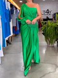 Momentlover Long Sleeves Asymmetric Satin One-Shoulder Maxi Dresses