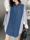 Momentlover Striped Split-Joint Pockets Contrast Color Buttoned Loose Long Sleeves Lapel Blouses&Shirts Tops