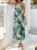 Momentlover Leaves Print Elasticity Sleeveless High Waisted V-Neck Midi Dresses