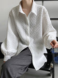 Momentlover Simple Loose Long Sleeves Buttoned Solid Color Textured Lapel Collar Blouses&Shirts Tops