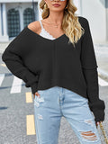 Batwing Sleeves Loose Fringed Solid Color Split-Joint V-Neck Sweater