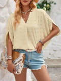 Momentlover Solid Color Jacquard Loose Half Sleeves V-Neck T-Shirts Tops
