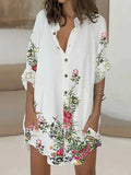 Momentlover Flower Print Buttoned Loose Long Sleeves Lapel Shirt Dress Mini Dresses