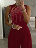Momentlover Rhinestone Hollow Wide Leg Sleeveless Jumpsuits