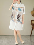 Momentlover Split-Side Split-Joint Printed Short Sleeves Loose Lapel Midi Dresses