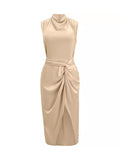 Momentlover Split-Side Solid Color Pleated Knot Sleeveless Loose Mock Neck Midi Dresses