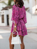 Momentlover Printed Elasticity Double Layered Three-Quarter Sleeves Loose V-Neck Mini Dresses