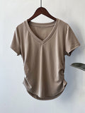 Momentlover Solid Color Skinny Short Sleeves V-neck T-Shirts Tops